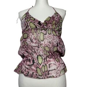 Y2K Franbox Collection Women's Snake Print Halter Top M Pink Green Sheer Party